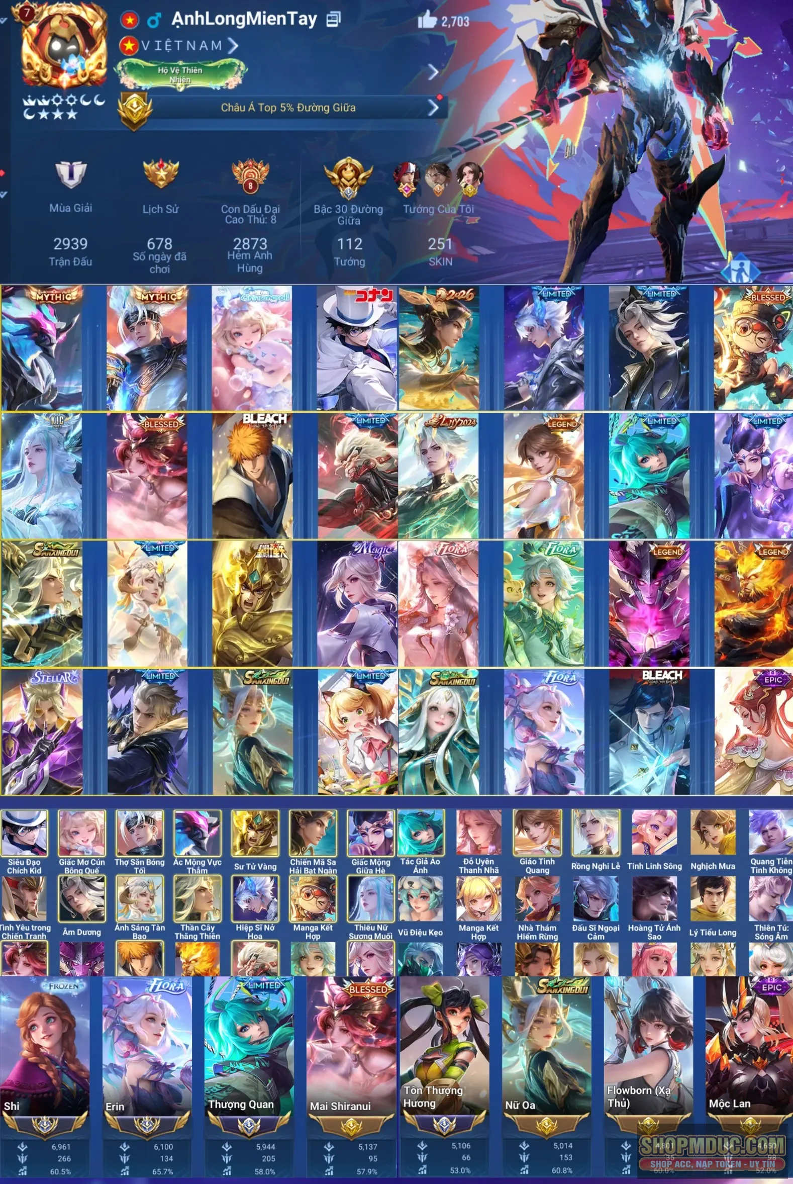 full tướng 251 skin có lữ bố mythic, hàn tín đá, marcro kid, lan mvp,...